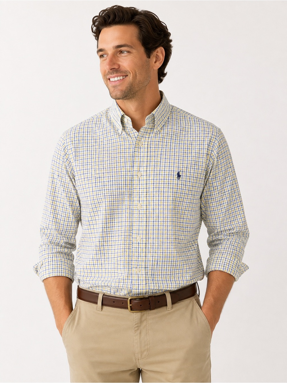 Ralph Lauren Men's White Shirt with Blue and Yellow Check